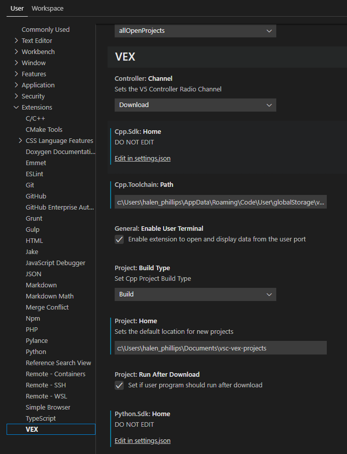 Screenshot of the VS Code Extension interface for VEX IQ, showcasing features and tools designed to support programming and development for VEX IQ robotics projects, aimed at educators and students.