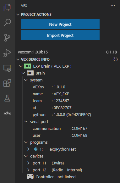 Screenshot of the VS Code Extension interface for VEX IQ, showcasing features and tools designed to enhance programming for the VEX IQ Robotics platform, aimed at educators and students.