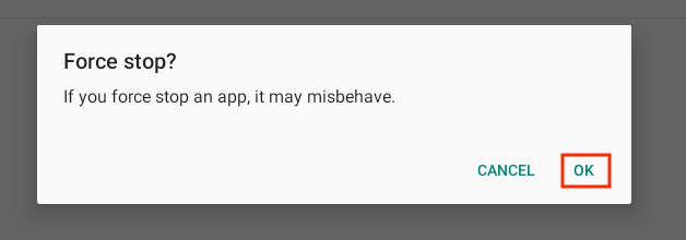 A pop-up window displaying a 'Force Stop' message with 'OK' button, indicating an option to terminate an application, relevant for troubleshooting Bluetooth connection issues.